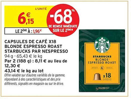 CAPSULES DE CAFÉ X18 BLONDE ESPRESSO ROAST STARBUCKS PAR NESPRESSO