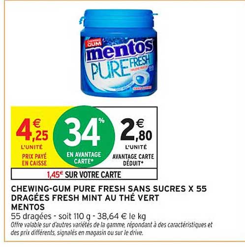 CHEWING-GUM PURE FRESH SANS SUCRES X 55 DRAGÉES FRESH MINT AU THÉ VERT