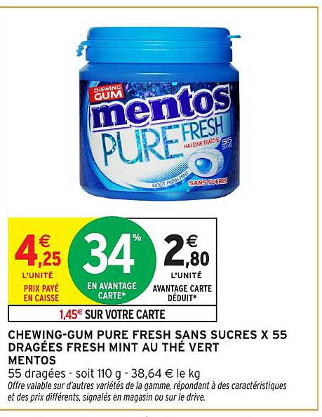 CHEWING-GUM PURE FRESH SANS SUCRES X 55 DRAGÉES FRESH MINT AU THÉ VERT MENTOS
