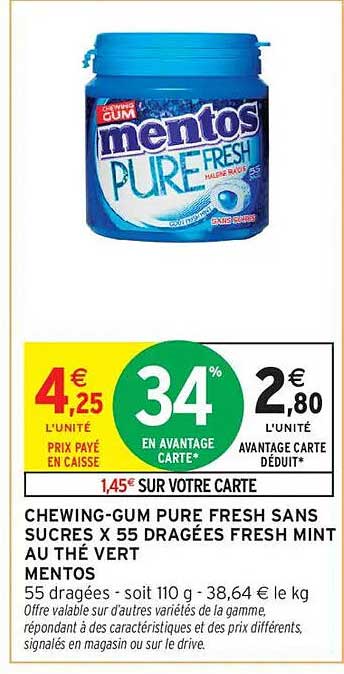 CHEWING-GUM PURE FRESH SANS SUCRES X 55 DRAGÉES FRESH MINT AU THÉ VERT
