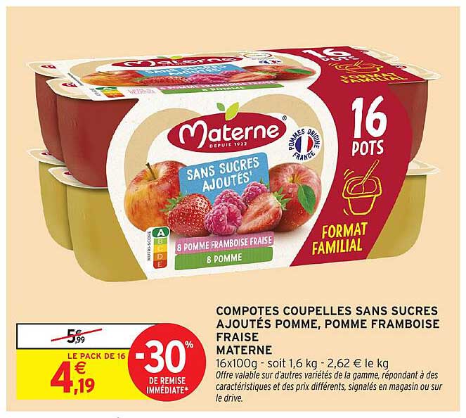COMPOTES COUPPELLES SANS SUCRES AJOUTÉS POMME, POMME FRAMBOISE FRAISE MATERNE