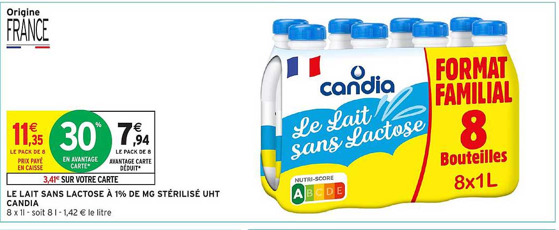 LE LAIT SANS LACTOSE À 1% DE MG STÉRILISÉ UHT CANDIA
