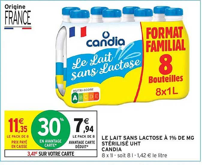 LE LAIT SANS LACTOSE À 1% DE MG STÉRILISÉ UHT CANDIA