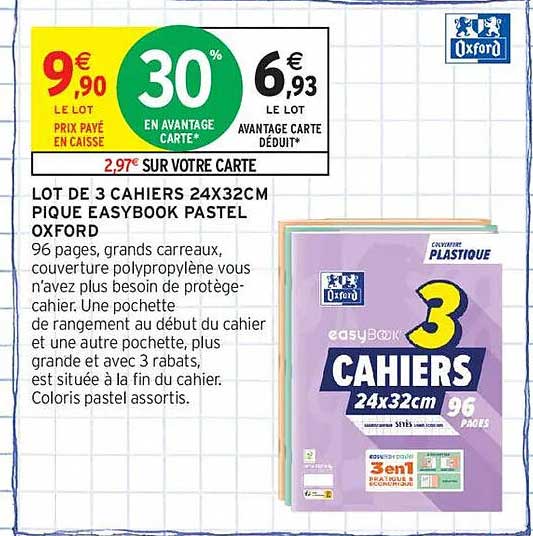 LOT DE 3 CAHIERS 24X32CM PIQUE EASYBOOK PASTEL OXFORD