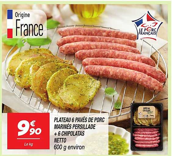 PLATEAU 6 PAVÉS DE PORC MARINÉS PERSILLADÉE + 6 CHIPOLATAS