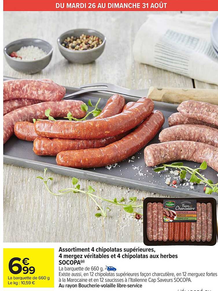 Assortiment 4 chipolatas supérieures, 4 merguez véritables et 4 chipolatas aux herbes SOCOPA
