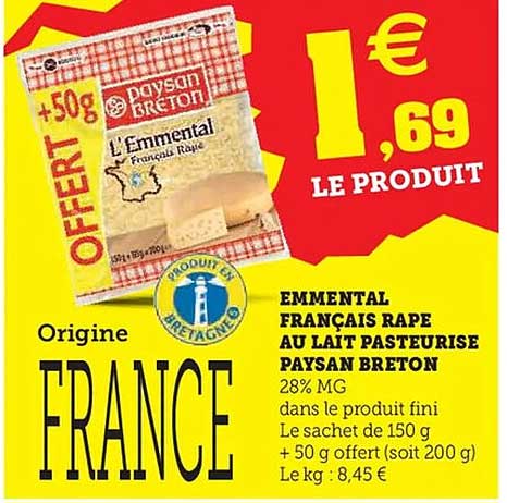 Emmental français râpé au lait pasteurisé Paysan Breton + 50g offerts