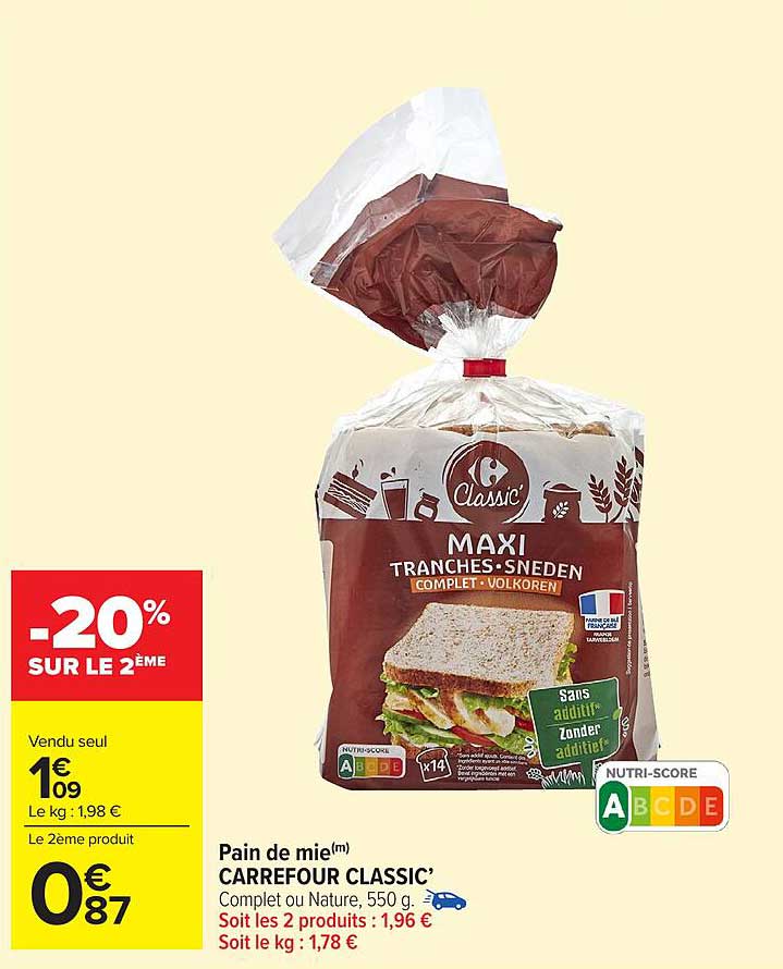 Pain de mie(m) CARREFOUR CLASSIC’ Complet ou Nature, 550 g.