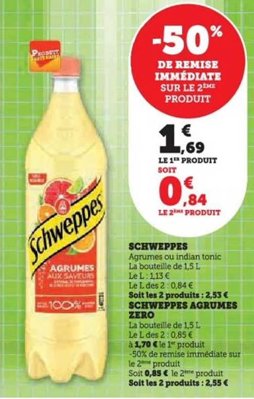 Promotion Schweppes : -50% de remise immédiate sur le 2ème produit
