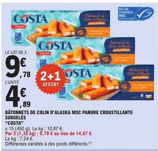 BÂTONNETS DE COLIN D’ALASKA MSC PANURE CROUSTILLANTE SURGELÉS “COSTA”