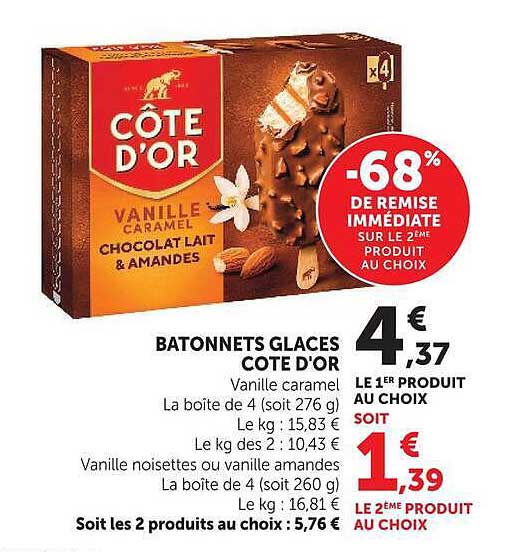 BATONNETS GLACES COTE D'OR Vanille caramel La boite de 4 (soit 276 g)