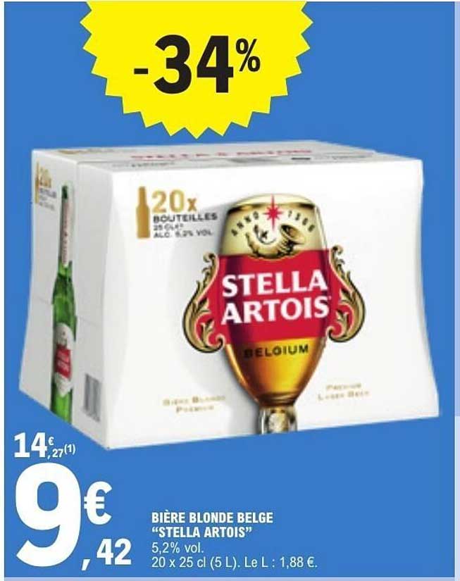 BIÈRE BLONDE BELGE “STELLA ARTOIS” 5,2% vol. 20 x 25 cl (5 L). Le L : 1,88 €.