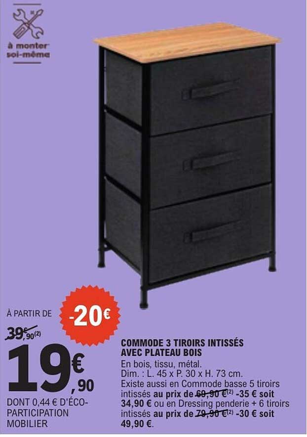 COMMODE 3 TIROIRS INTISSÉS AVEC PLATEAU BOIS