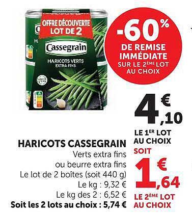 HARICOTS CASSEGRAIN Verts extra fins ou beurre extra fins Le lot de 2 boîtes (soit 440 g)