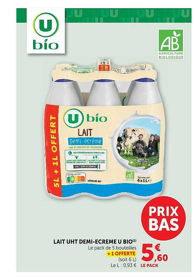 LAIT UHT DEMI-ECREME U BIO(1) Le pack de 5 bouteilles + 1 OFFERTE (soit 6 L)