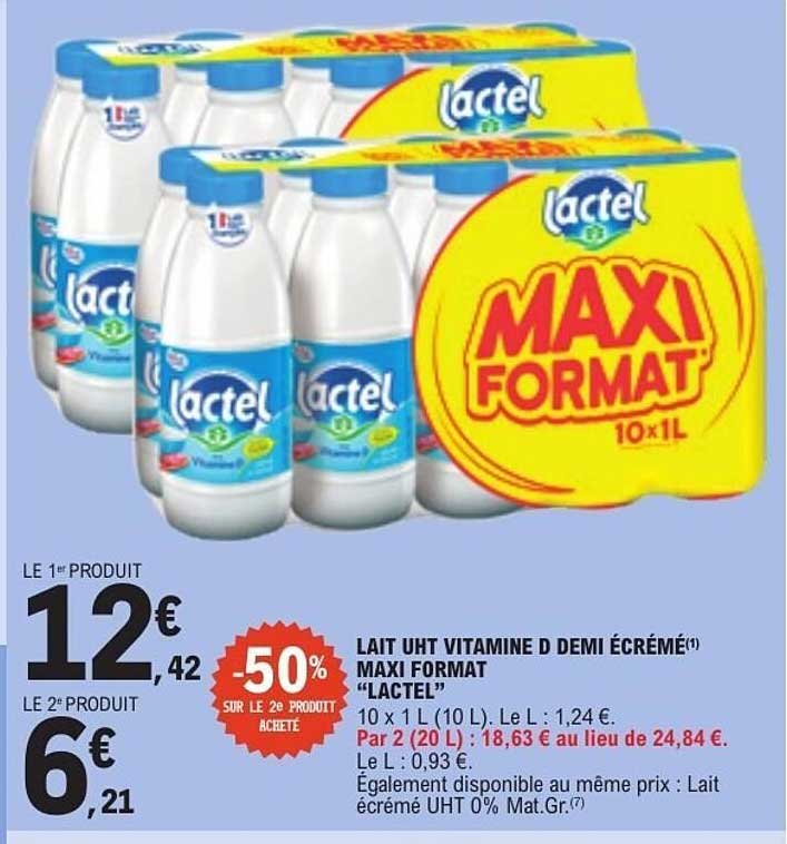 LAIT UHT VITAMINE D DEMI ÉCRÉMÉ MAXI FORMAT "LACTEL"