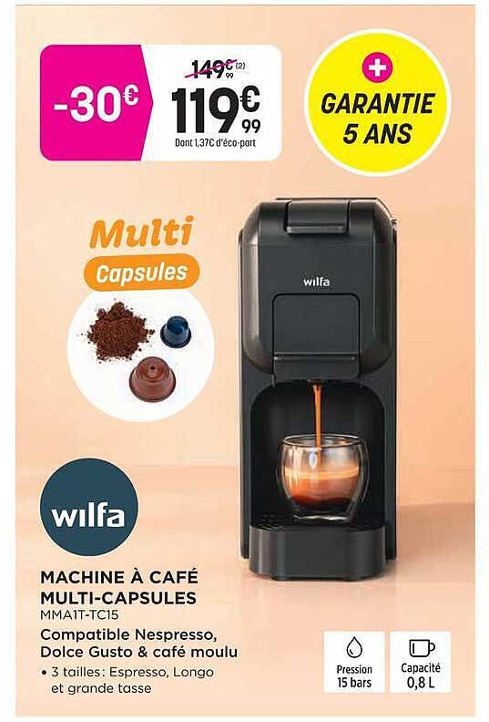 MACHINE À CAFÉ MULTI-CAPSULES MMAT-TC15 Compatible Nespresso, Dolce Gusto & café moulu