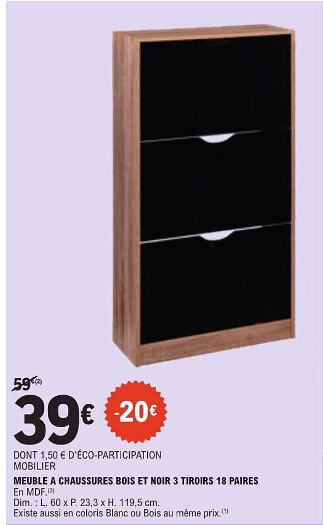 MEUBLE A CHAUSSURES BOIS ET NOIR 3 TIROIRS 18 PAIRES