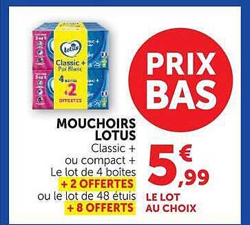 MOUCHOIRS LOTUS Classic + ou compact + Le lot de 4 boites + 2 OFFERTES ou le lot de 48 étuis + 8 OFFERTS
