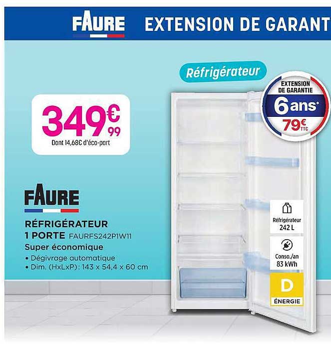 RÉFRIGÉRATEUR 1 PORTE FAURFS242P1W1 Super économique