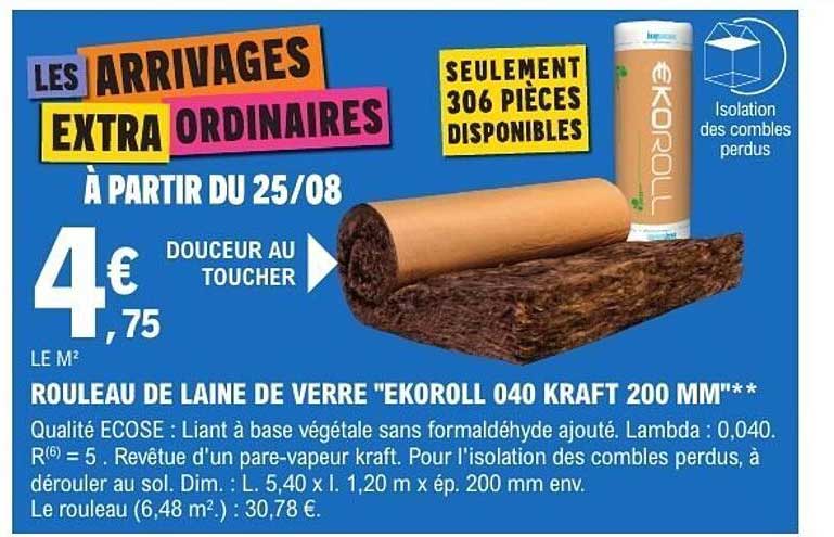 ROULEAU DE LAINE DE VERRE "EKOROLL 040 KRAFT 200 MM"**