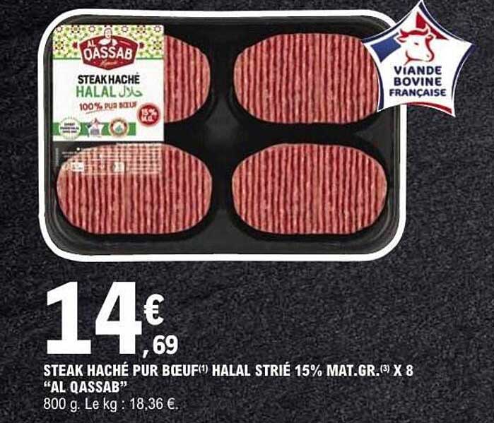 STEAK HACHÉ PUR BOEUF(*) HALAL STRIÉ 15% MAT.GR.(3) X 8 “AL QASSAB”