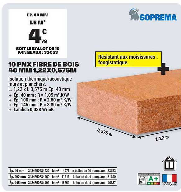 10 PNX FIBRE DE BOIS 40 MM 1,22X0,575M