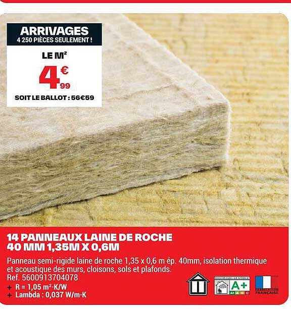 14 Panneaux laine de roche 40 mm 1,35 m x 0,6 m