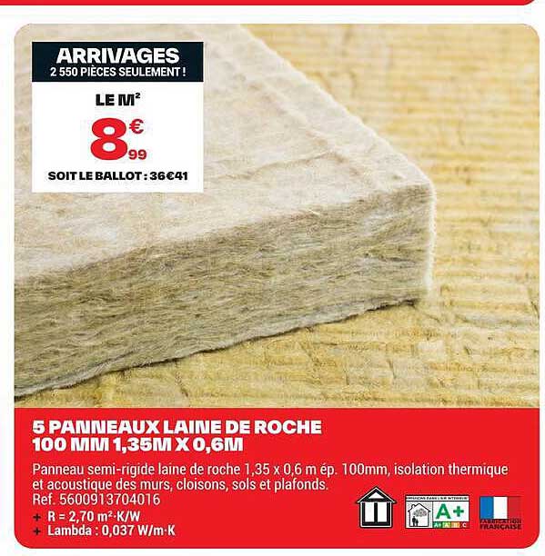 5 PANNEAUX LAINE DE ROCHE 100 MM 1,35M X 0,6M