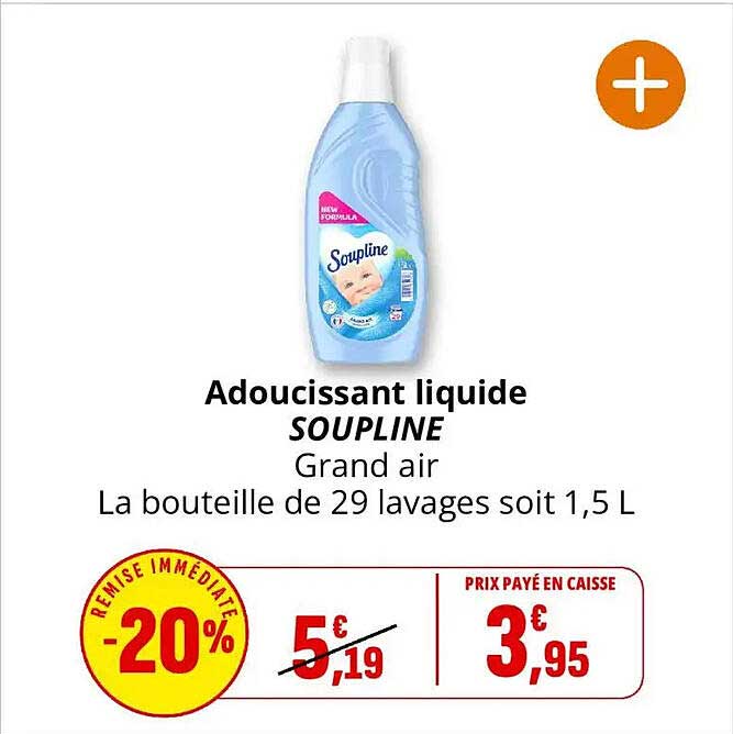 Adoucissant liquide SOUPLINE Grand air La bouteille de 29 lavages soit 1,5 L