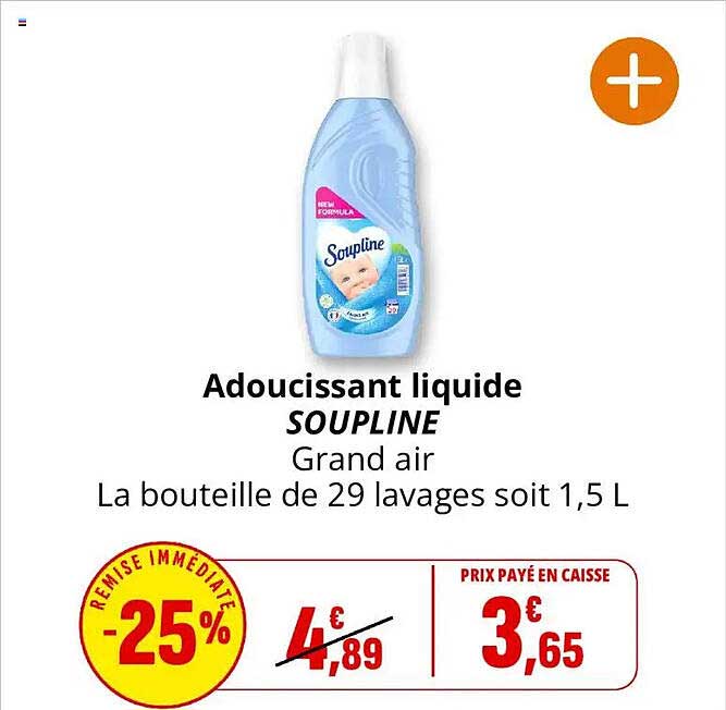 Adoucissant liquide SOUPLINE Grand air La bouteille de 29 lavages soit 1,5 L