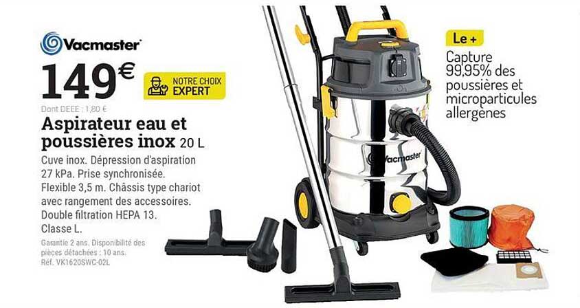 Aspirateur eau et poussières inox 20 L