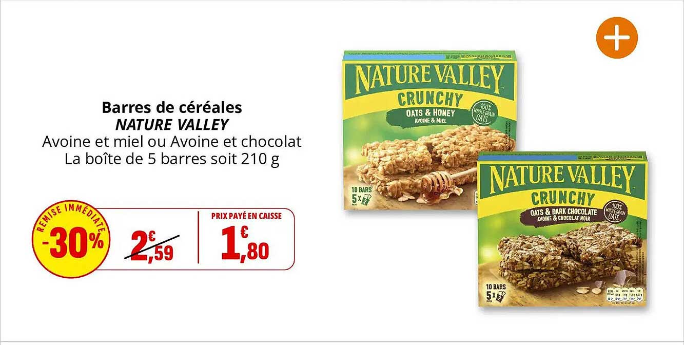 Barres de céréales NATURE VALLEY Avoine et miel ou Avoine et chocolat La boîte de 5 barres soit 210 g