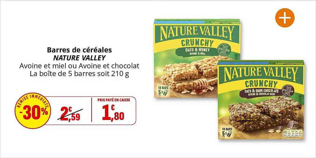 Barres de céréales NATURE VALLEY Avoine et miel ou Avoine et chocolat La boîte de 5 barres soit 210 g