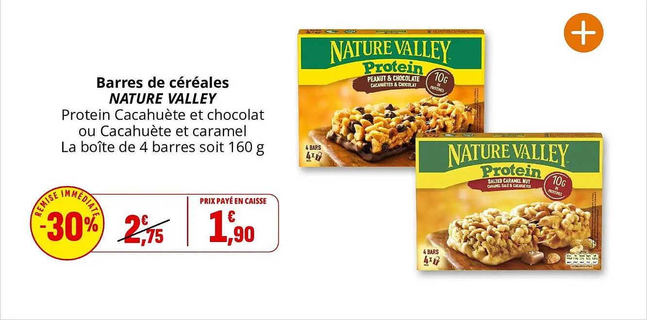 Barres de céréales NATURE VALLEY Protein Cacahuète et chocolat ou Cacahuète et caramel La boîte de 4 barres soit 160 g