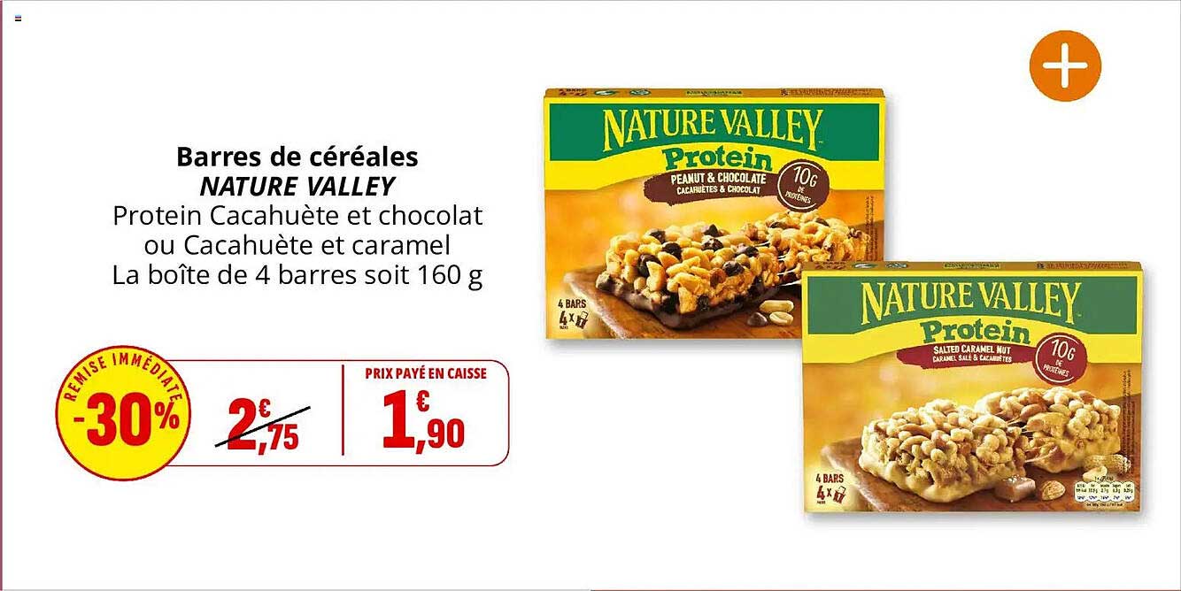 Barres de céréales NATURE VALLEY Protein Cacahuète et chocolat ou Cacahuète et caramel La boîte de 4 barres soit 160 g