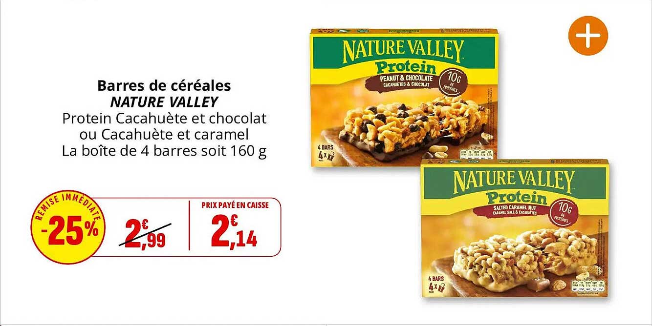 Barres de céréales NATURE VALLEY Protein Cacahuète et chocolat ou Cacahuète et caramel La boîte de 4 barres soit 160 g