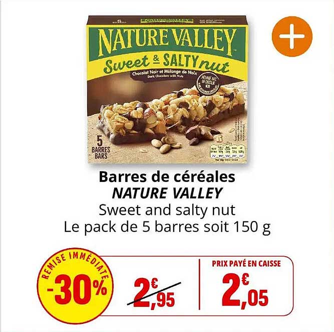 Barres de céréales NATURE VALLEY Sweet and salty nut Le pack de 5 barres soit 150 g