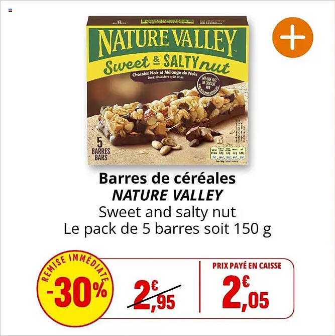 Barres de céréales NATURE VALLEY Sweet and salty nut Le pack de 5 barres soit 150 g