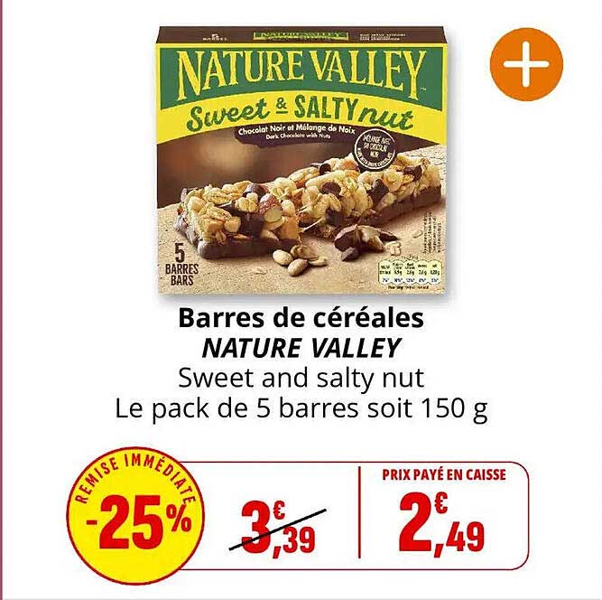 Barres de céréales NATURE VALLEY Sweet and salty nut Le pack de 5 barres soit 150 g