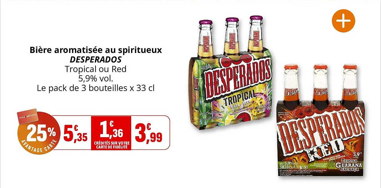 Bière aromatisée au spiritueux DESPERADOS Tropical ou Red 5,9% vol. Le pack de 3 bouteilles x 33 cl