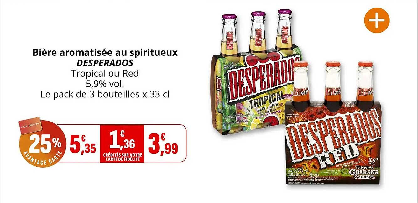 Bière aromatisée au spiritueux DESPERADOS Tropical ou Red 5,9% vol. Le pack de 3 bouteilles x 33 cl