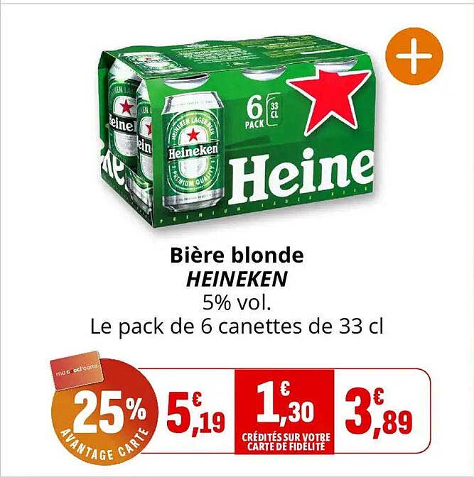 Biere blonde HEINEKEN 5% vol. Le pack de 6 canettes de 33 cl