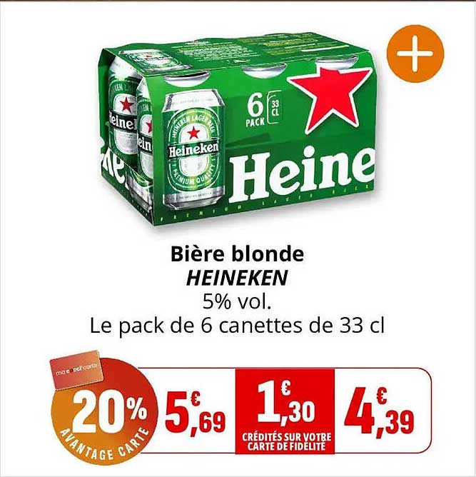 Bière blonde HEINEKEN 5% vol. Le pack de 6 canettes de 33 cl