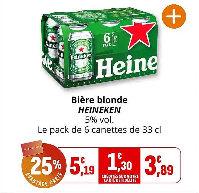 Bière blonde HEINEKEN 5% vol. Le pack de 6 canettes de 33 cl