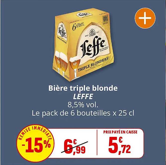 Bière triple blonde LEFFE 8,5% vol. Le pack de 6 bouteilles x 25 cl