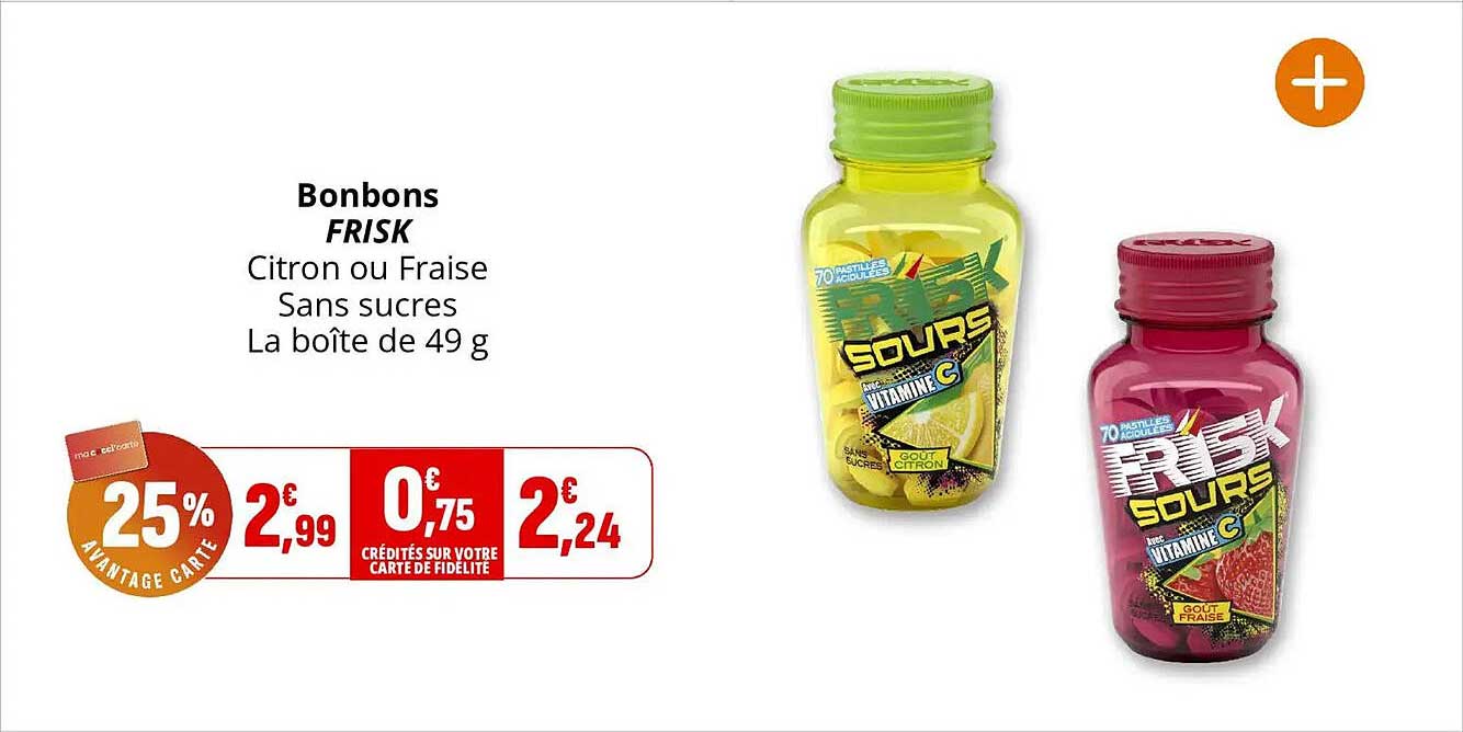 Bonbons FRISK Citron ou Fraise Sans sucres La boîte de 49 g