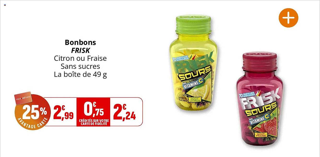 Bonbons FRISK Citron ou Fraise Sans sucres La boîte de 49 g