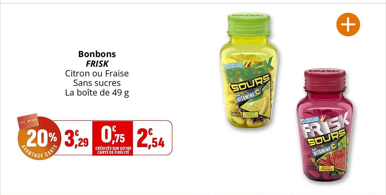 Bonbons FRISK Citron ou Fraise Sans sucres La boîte de 49 g