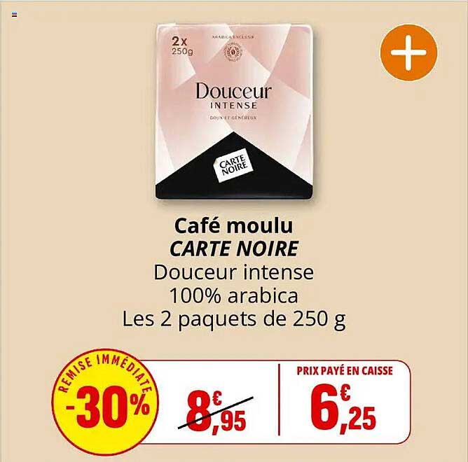 Café moulu CARTE NOIRE Douceur intense 100% arabica Les 2 paquets de 250 g